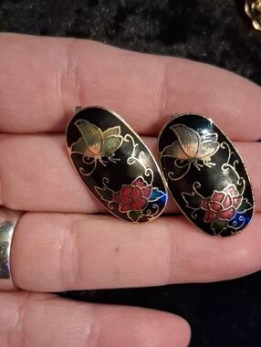 Black Cloisonné Butterfly & Rose Oval Earrings